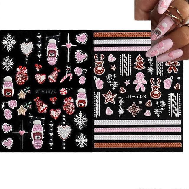 Pegatinas navideñas 5D en relieve para uñas, autoadhesivas, con diseño de copos de nieve y Papá Noel, ideales para manicura navideña DIY (rosa).