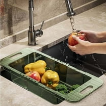 Over the Sink Colander Strainer Basket - Expandable Fruits and Vegetables Wash Kitchen Sink Strainer,Multifunctional Retractable Plastic Kitchen Sink Strainer Basket On (Green Transparent)