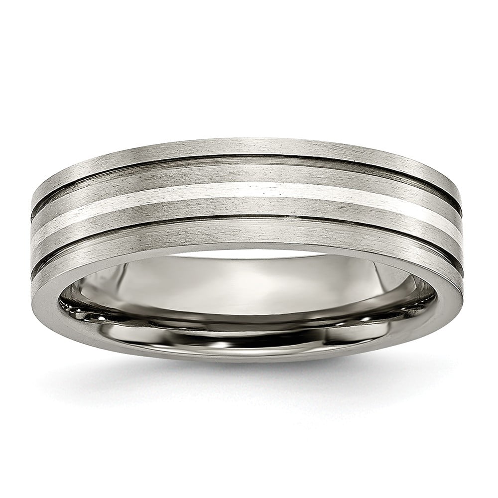 Titanium Grooved Sterling Silver Inlay 6mm Brushed/Polished Band Size 10 Length Width 6 