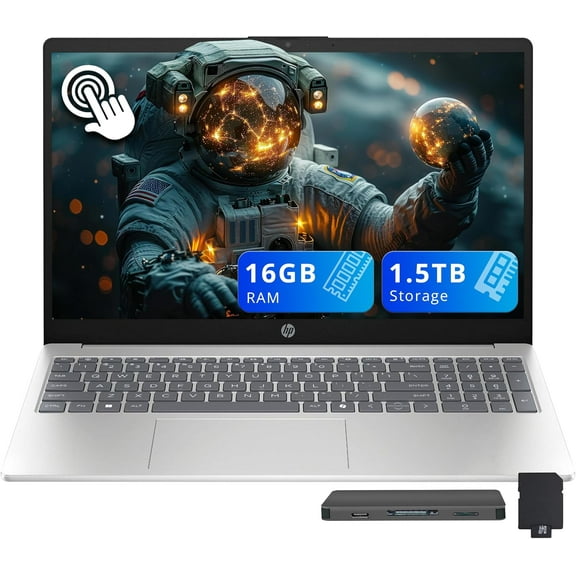 HP 15.6" FHD Touchscreen Laptop, Intel i5-1334U, 16GB RAM, 1.5TB Storage (512GB SSD 1TB Docking Station Set), Intel Graphics, Copilot, Full Size Keyboard, Windows 11 Home, Silver