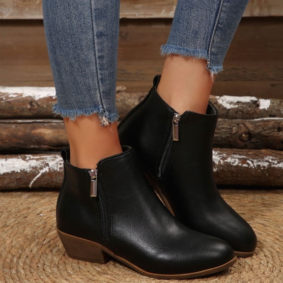 KEVCHE Womens Fall Winter Boots, Pointed Toe Side Zipper Heel, Comfortable Ankle Booties with Square Mid Heel for Daily Wear, Non-Slip Classic Boots, Stylish Pointed Toe Boots for Casual Outings
