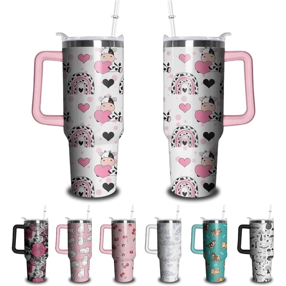 40oz Skull Tumbler with Handle & Straw | Stainless Steel Insulated Gothic Cup | Floral Skeleton Design Travel Mug | Halloween Birthday Gifts for Adults