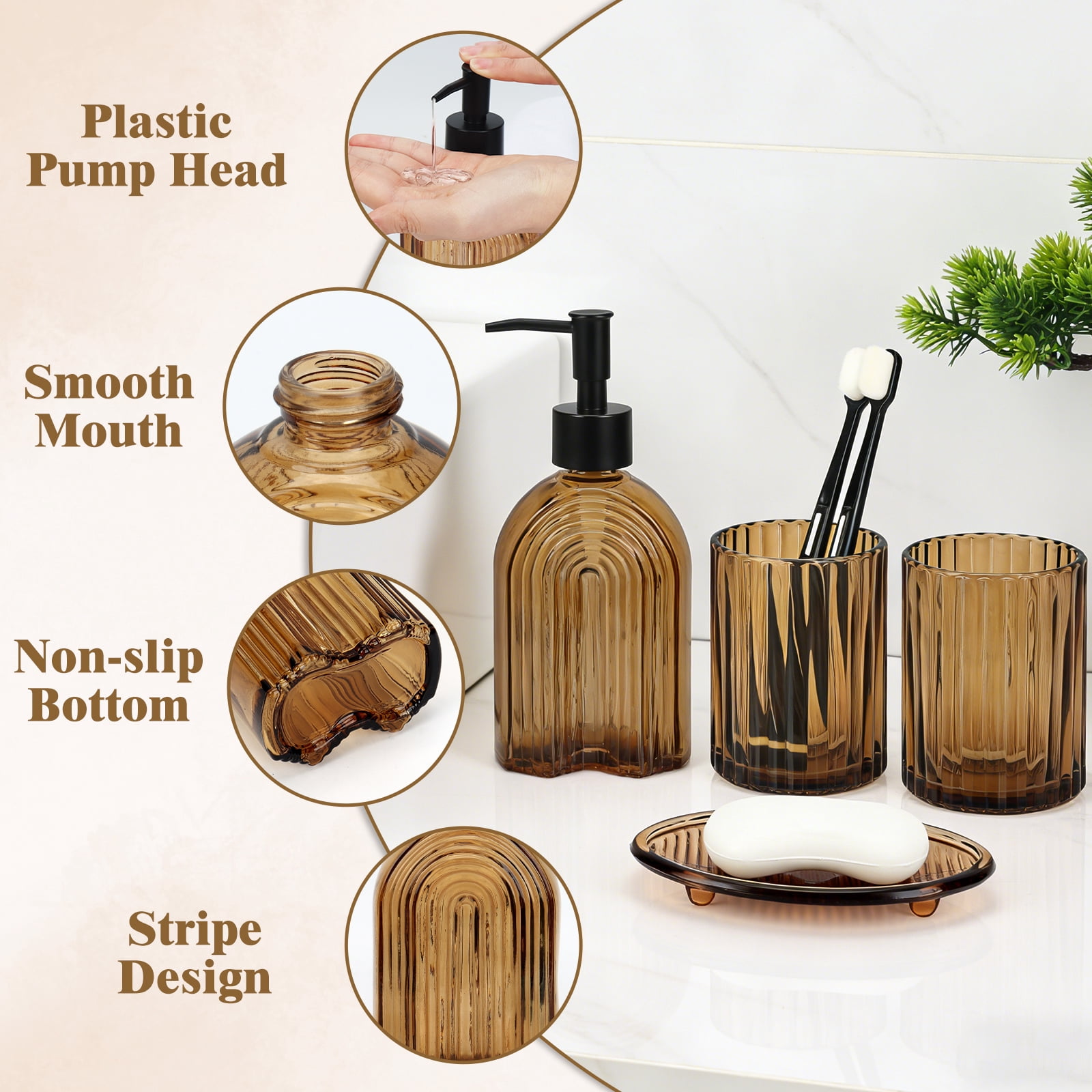 Bathroom Accessories Set, 4Pcs Bathroom Glass Soap Dispenser Set ,with Soap Dispenser , Soap Dish, Tumbler,Brown