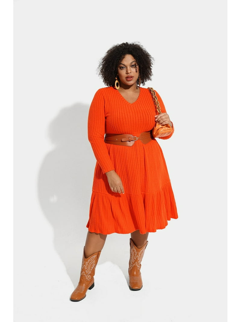 orange plus size sweater dress CASSIE LIZ Plus Size Fall Dresses 4X Casual Orange Sweater Dresses for  Women Fashion Midi Elastic Waist Dresses Long Sleeve Elegant V Neck Loose  Fit Winter Dress with Pocket 4XL 24W 26W -