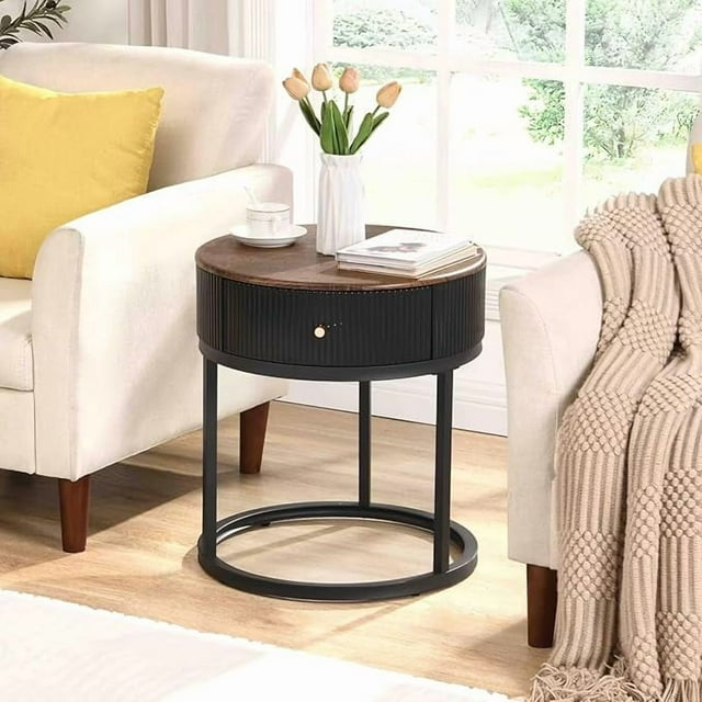 19.68" Modern Nightstand with Drawer, Marble Round End Table with Storage, Small Night Stands for Small Spaces, Side Table for Living Room, Bedroom, Office (Black)