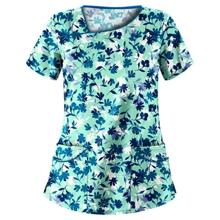 

UMfun Women Scrubs Tops with Pocket Fashion Short Sleeve Neck Nurse Tops Working Uniform Blouse Shirt