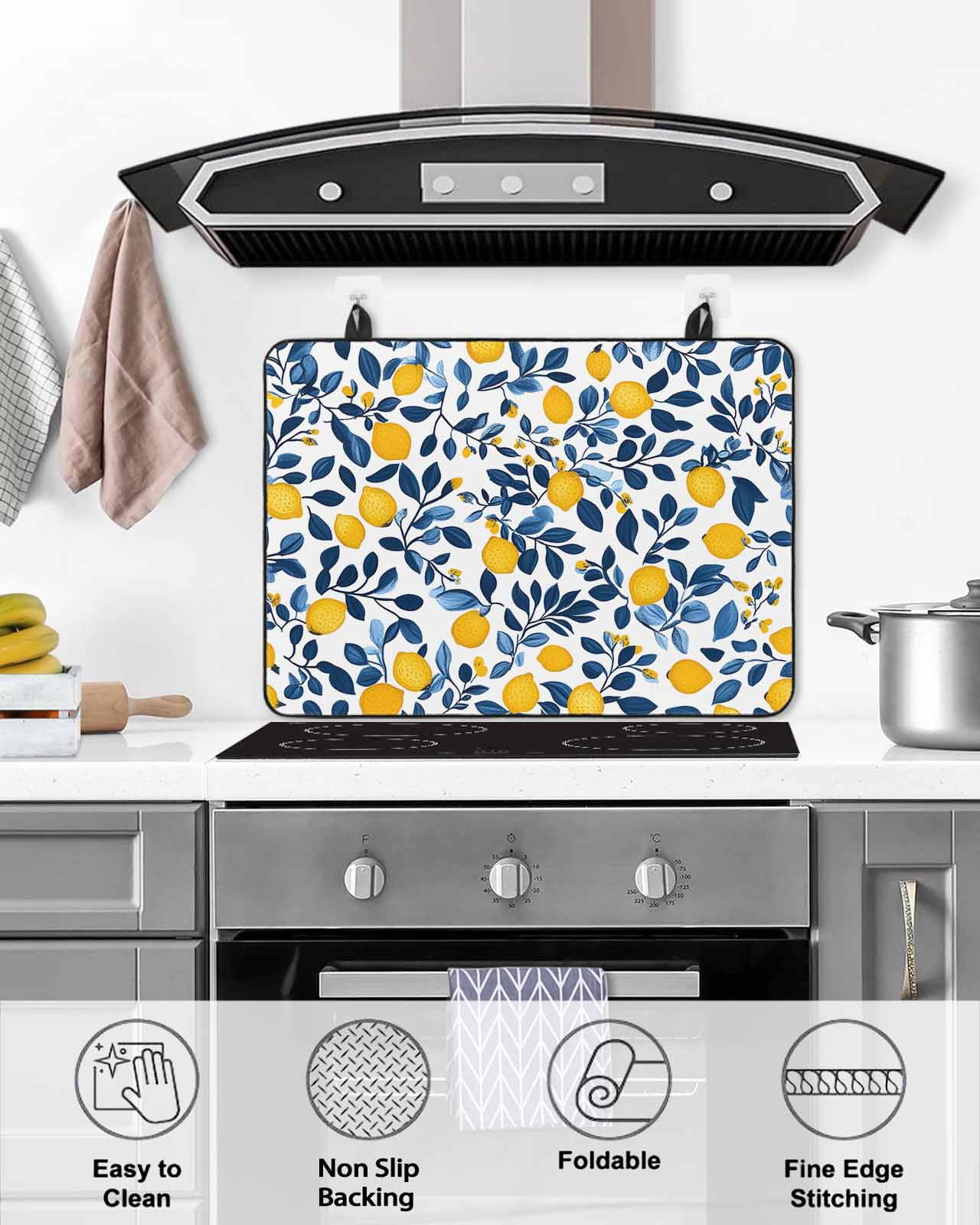 nqOlkjepod Large Induction Cooktop Protector Mat 36"x21", Lemon Stove Top Covers for Electric Stove, Fruit Leaf Branch Summer Spring Pastoral Stove Burner Cover Mats, Glass Top Stove Cover
