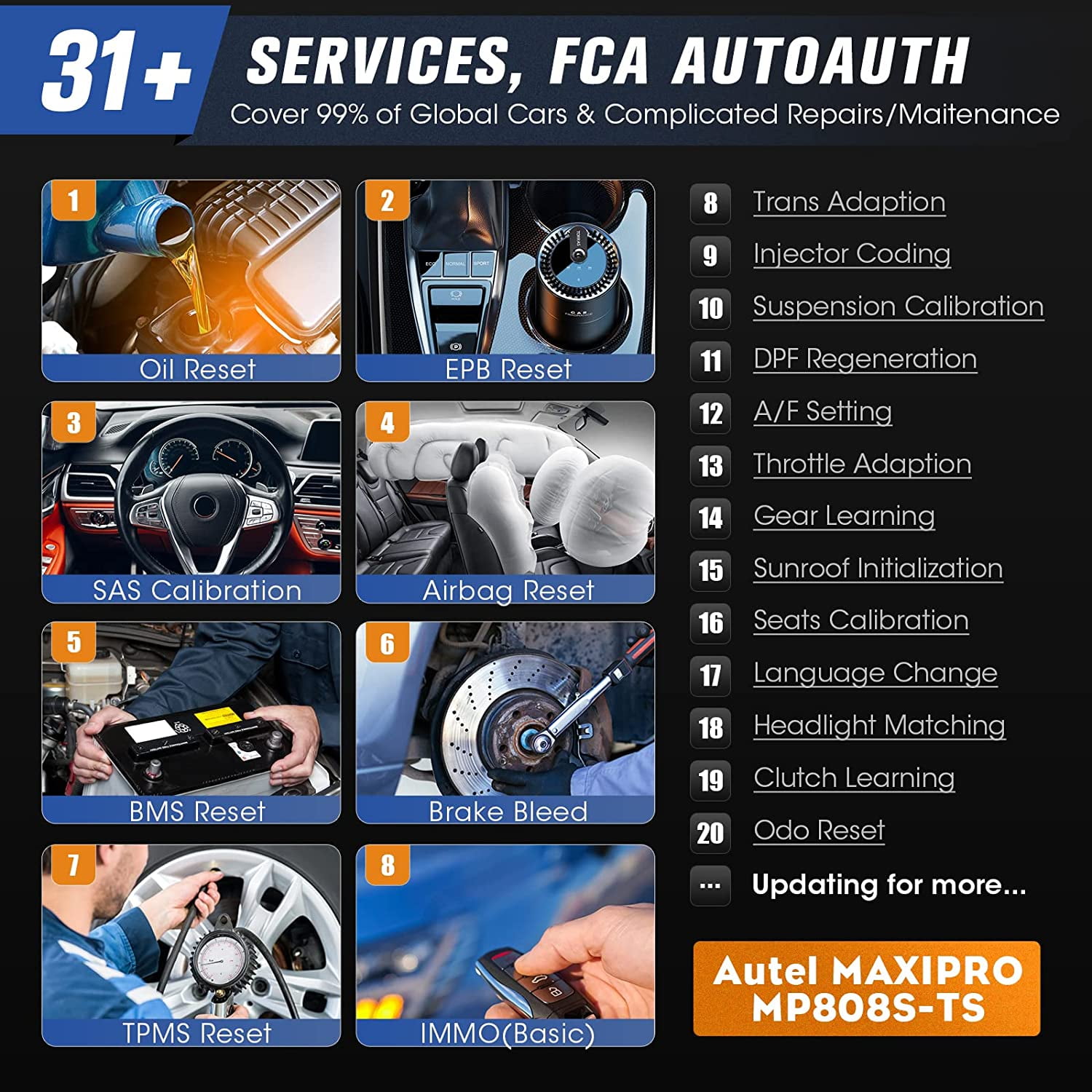 Autel Scanner MaxiPRO MP808S-TS Car Diagnostic Scanner Full TPMS Relearn Rest All-System Scan & FCA AutoAuth Bidirectional Control Scan Tool with 31+ Service
