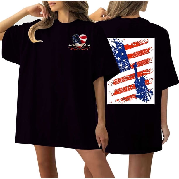 Camiseta de Cuello Redondo Impresa Delantera Y Trasera Del Día de la Independencia de las Mujeres, Tops Cortos Casuales para las Mujeres