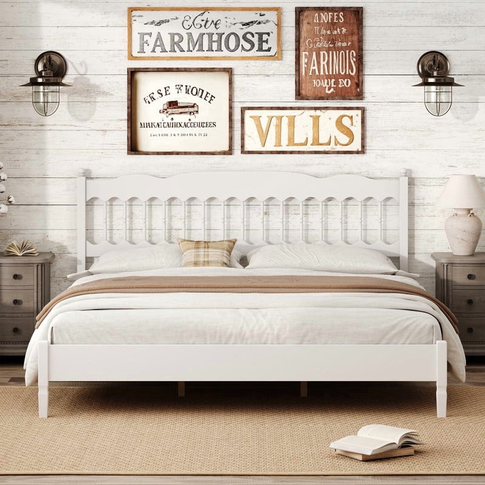 King Size Retro Countryside Style Wooden Bed Frame with Spindle Headboard, Low Profile Platform Bed with No Box Spring Required