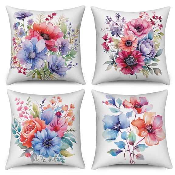 Pbobriich Set of 4 Red Blue Throw Pillow Cover,Vintage Floral Linen Pillow Cases for Living Room Home Decor,18x18