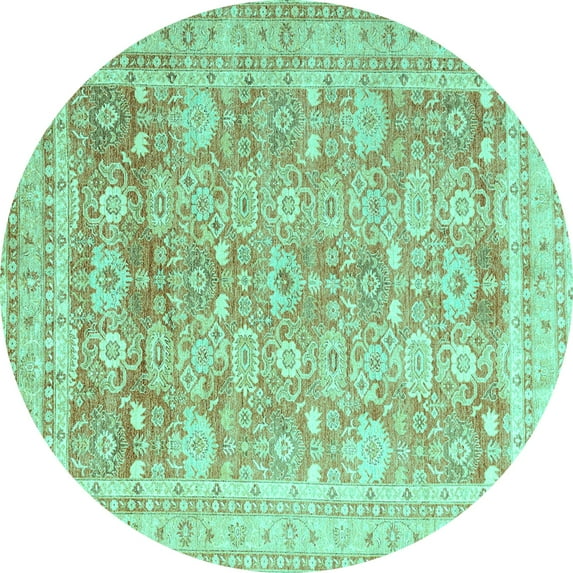 Ahgly Company Machine Washable Indoor Round Oriental Turquoise Blue Traditional Area Rugs, 8' Round