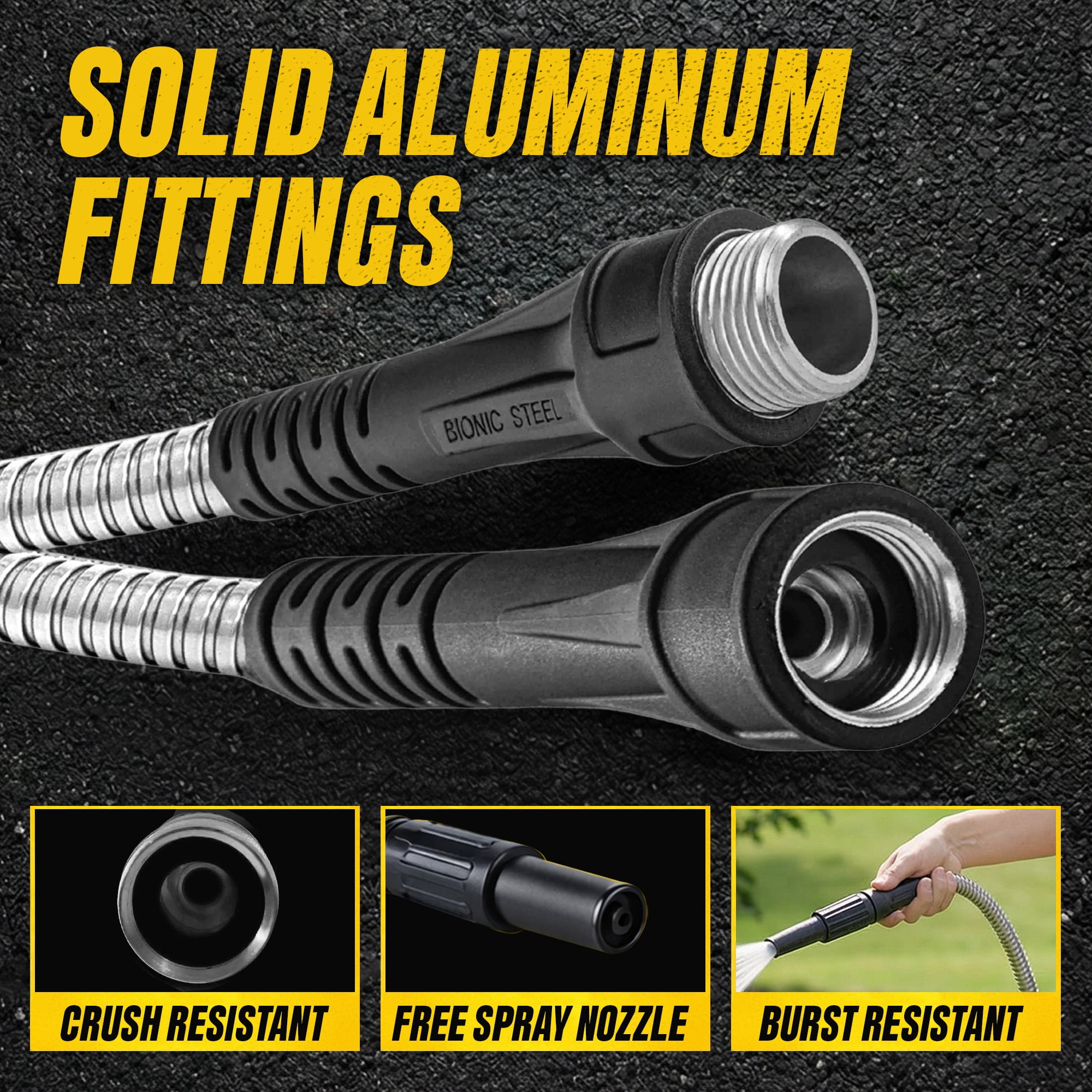 BIONIC STEEL 100 Ft Metal Garden Hose with Sprayer Nozzle, Non Kinking Designed Stainless Steel Heavy Duty Water Hose 100 Ft x 5/8 in. Flexible NON Expandable for Uninterrupted Water Flow, 500 PSI