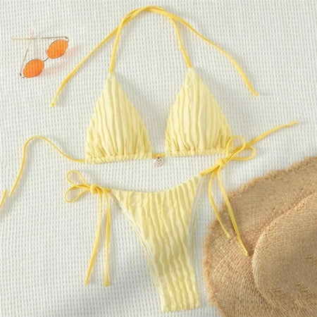 Triangle Micro Bikini for Women Yellow String Halter Thong Sexy Swimsuit Heart Bead Swimwear Bathing Suit Mini Bikinis Sets 2024