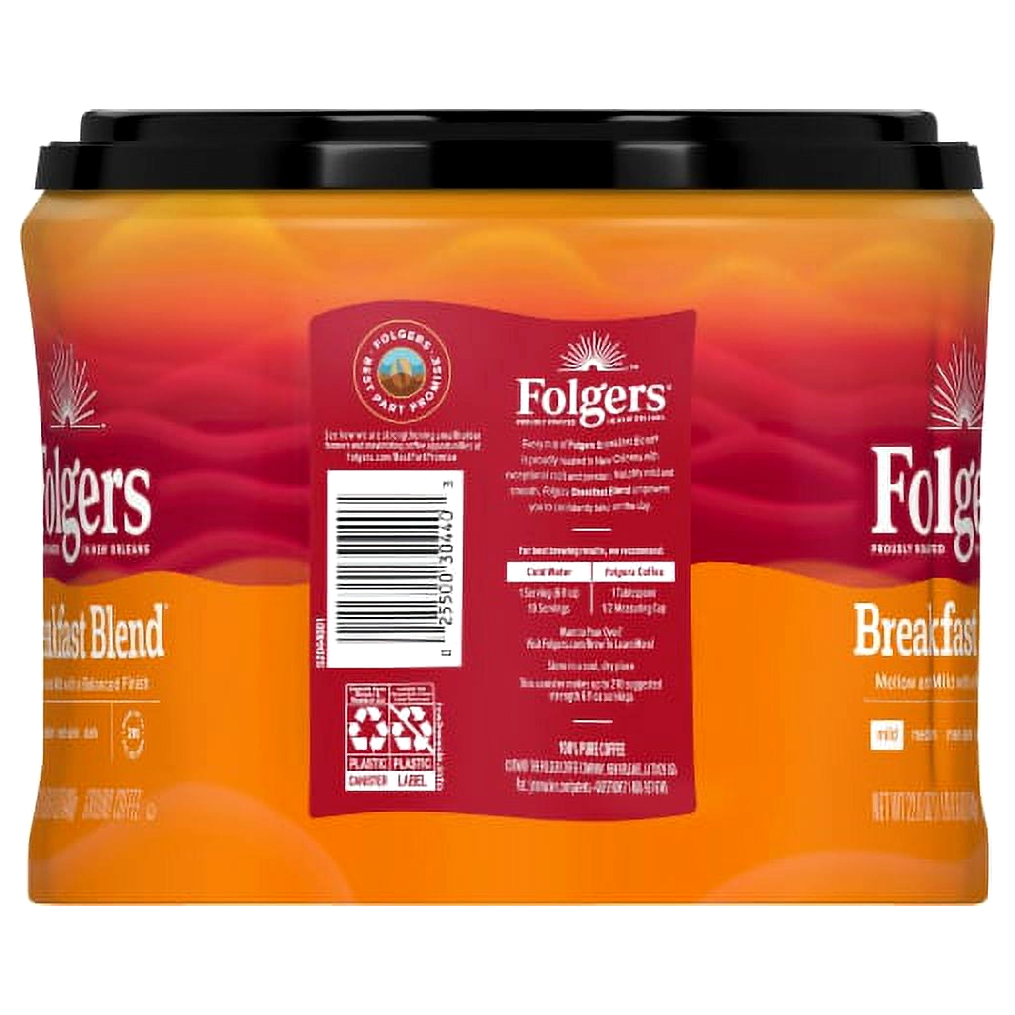 Pack of 2 - Folgers Breakfast Blend Ground Coffee, Smooth & Mild Coffee, 22.6 Ounce Canister