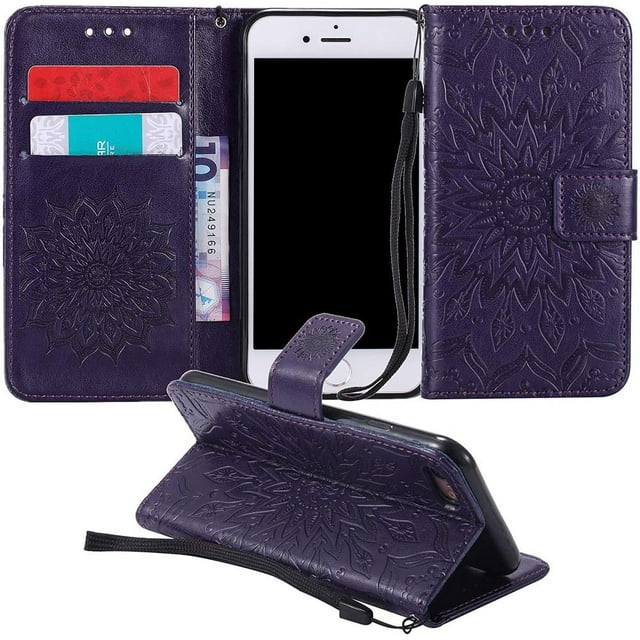 Wallet Case, Embossed Sunflower Premium PU Leather Folio Flip Kickstand Card Slots Wrist Strap Cover for Samsung Note8(Purple)