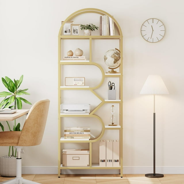 Yeshouse Librero arqueado de 6 niveles y 208 cm, diseño moderno con estructura metálica, para hogar u oficina