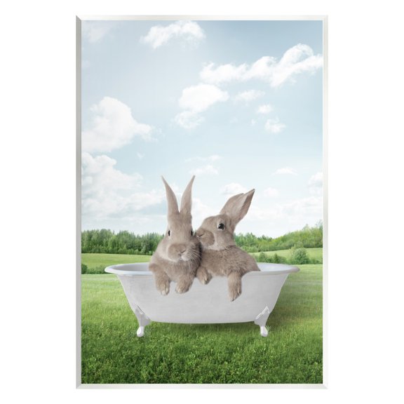 Stupell Industries Bunnies in Tub Landscape Nature Painting Unframed Art Print Wall Art, 13 x 19