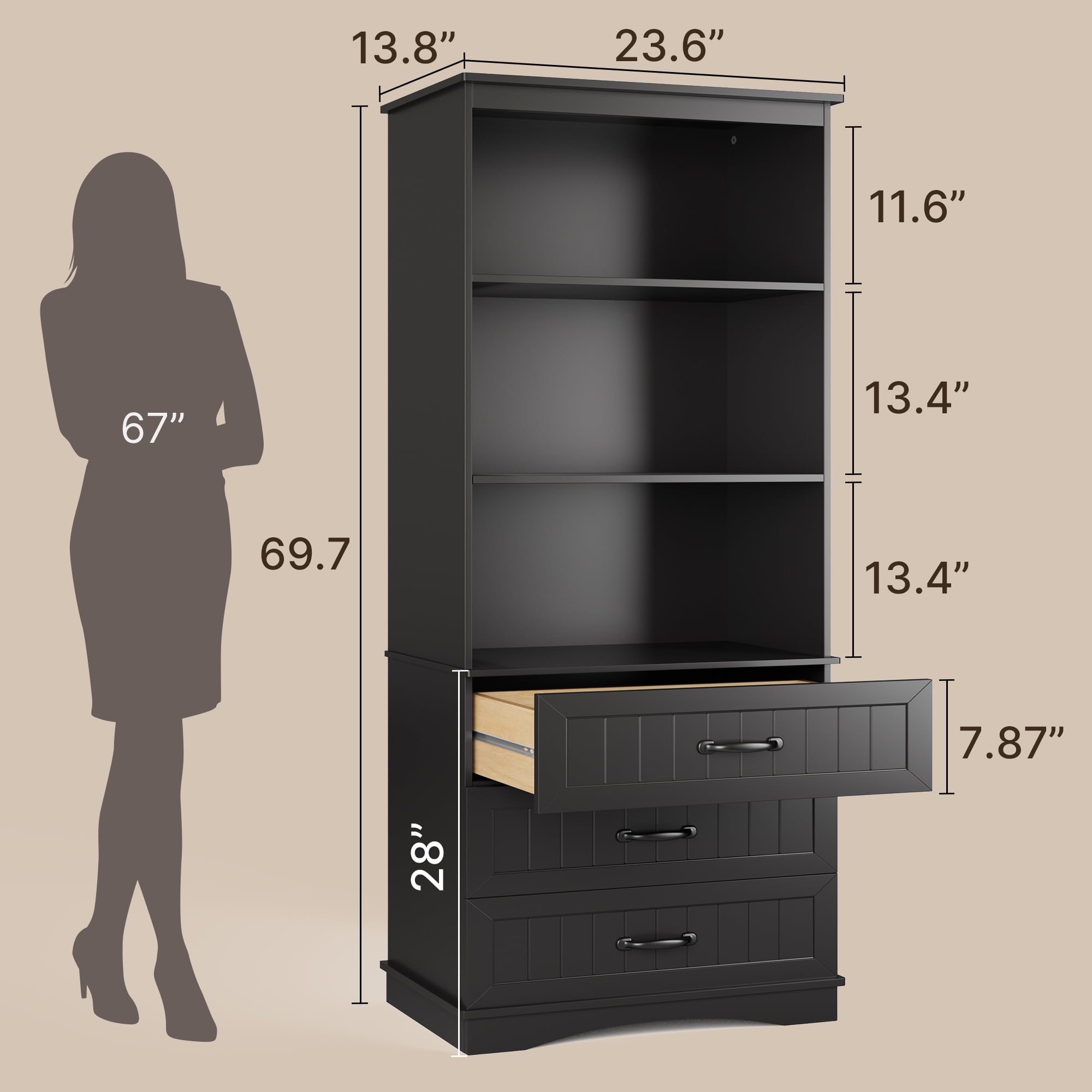69.7" Tall Bookshelf, Lofka Bookcase with 3 Large Drawers, 3 Tier Storage bookshelf for Home Office, Living Room, Black