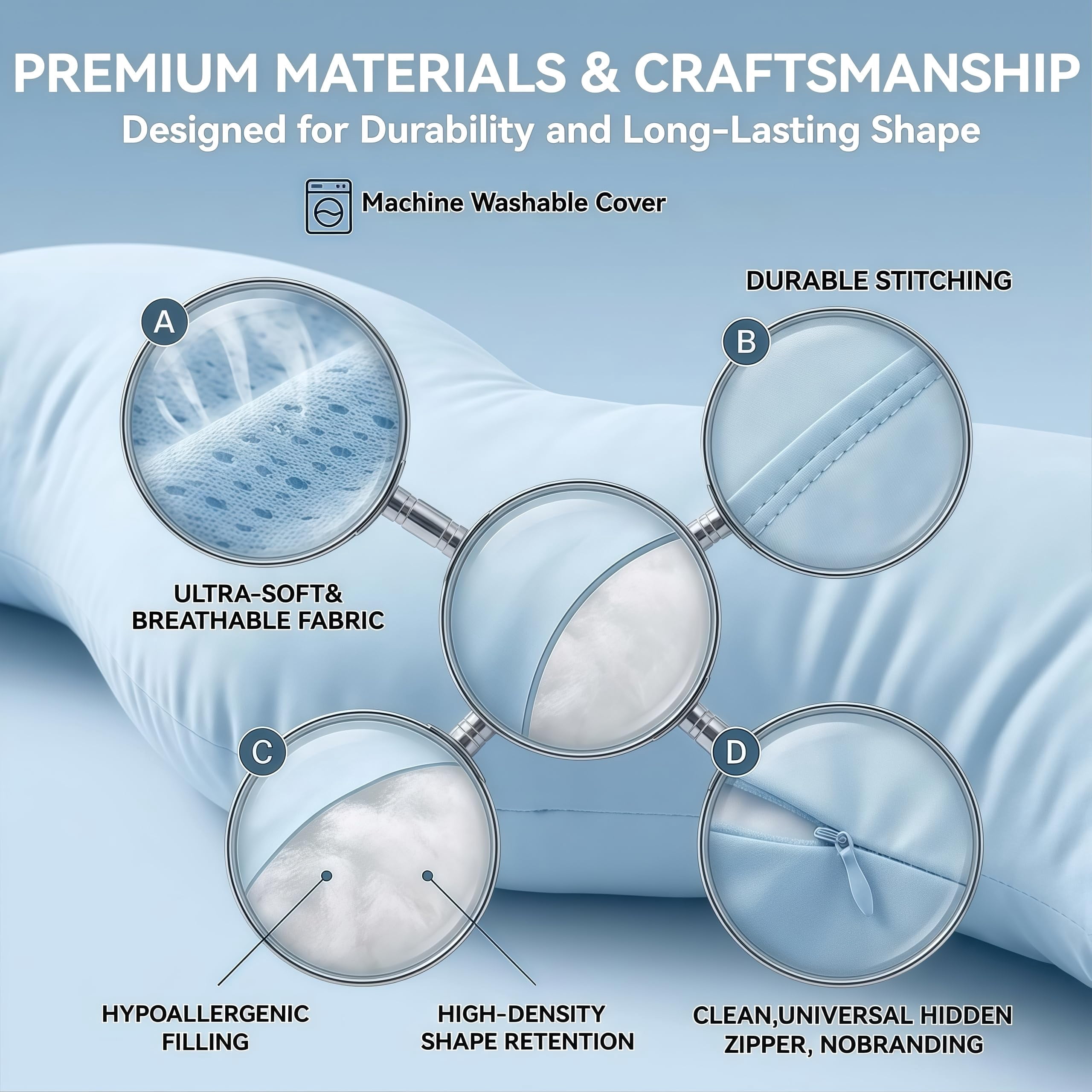 Pea Pod Body Pillow for Side Sleeper, Pea Pod Body Pillow for Adults, Long Bolster Hug Pillow with Cooling Fabric, Soft Ergonomic Pillow for Back, Hip & Leg Support