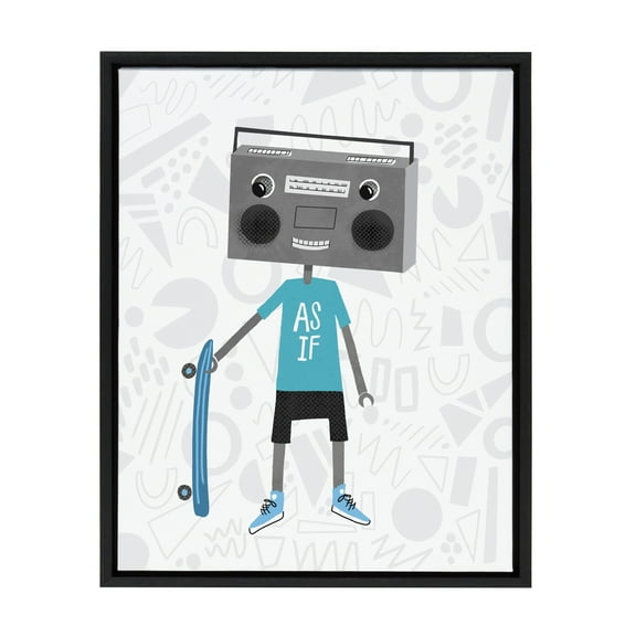 Kate and Laurel Sylvie Boom Box Boy 2 Framed Canvas Wall Art by Molly Fabiano, 18x24 Black, Robot Art for Wall