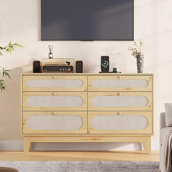 Bingirl 6-Chests-of-Drawers Storage for Bedroom - Rattan Drawer Dresser with USB Ports and Outlets, Natural Oak for Living Room