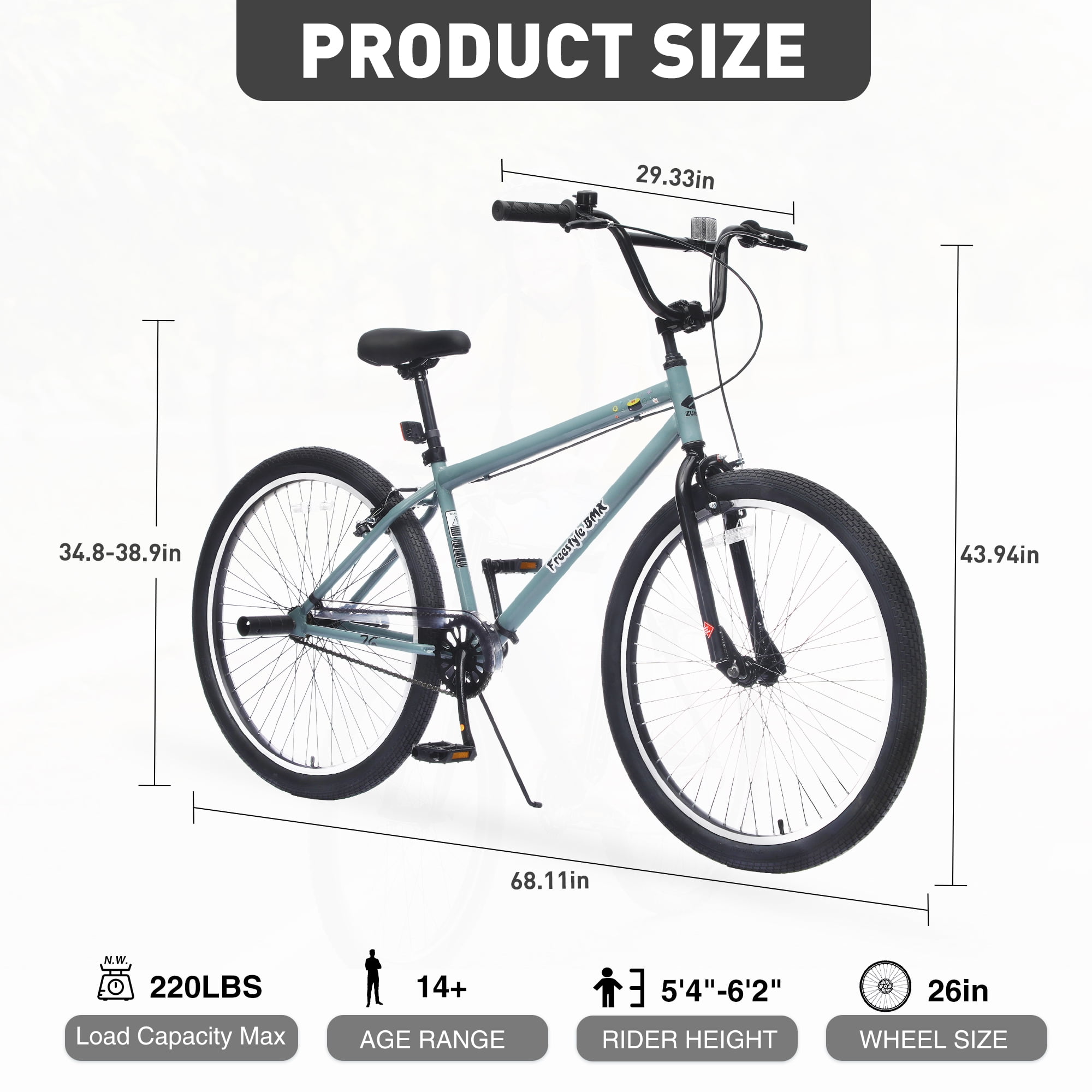 Juuar 26" Freestyle Mountain Bike with 2 Pegs, Single Speed Steel Frame BMX Bike, Comfort City Bike Bicycle with Caliper Brake & V Brake, Unisex, Fits Riders 5'4"-6'2", Blue