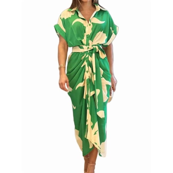 Women Button Down Ruched Shirt Dress Short Sleeve Lapel V Neck Elegant Party Maxi Floral Dress with Belt Green XL
