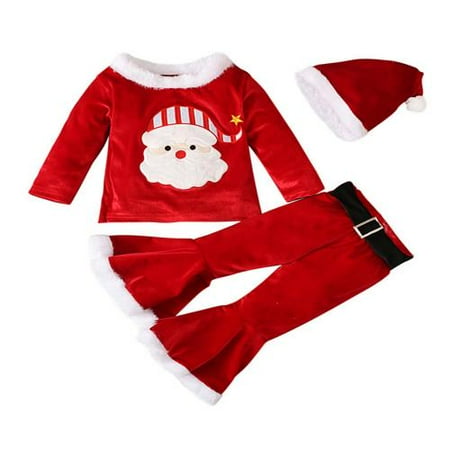 

Huakaishijie Baby Girls Christmas Clothes Letter/ Santa Print Long Sleeve Velvet Tops and Flared Pants Hat Set