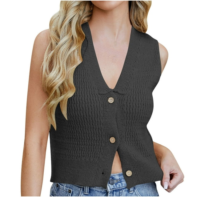 Women Spring Summer 2025 Fashion Casual V Neck Button Down Solid Color Knit Vest Top for Layering and Daily Outfits