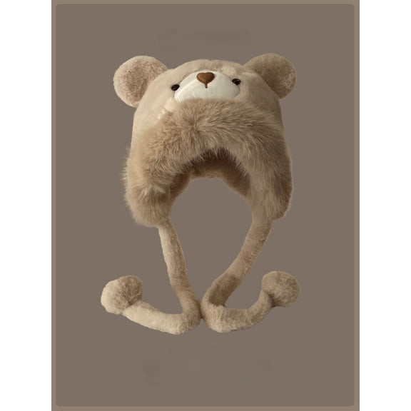 Women Plush Bear Ear Hat Winter Thick Warm Beanie with Ear Protection Cute Style