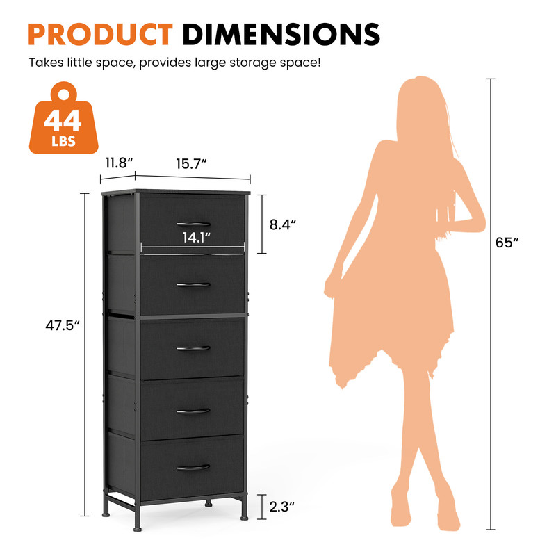 Gianna 5 Drawer Dresser with Fabric Bins, Sturdy Steel Frame and Wood Top, Storage Organizer Chest for Bedroom, Closet, Hallway, Black