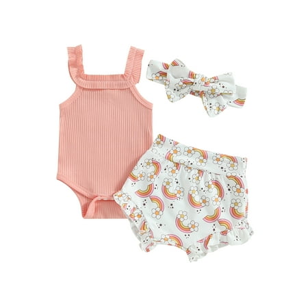

xingqing Infant Baby Girl Clothes Summer Outfits Strap Sleeveless Ribbed Romper Rainbow Ruffle Shorts Headband Set 6-12 Months