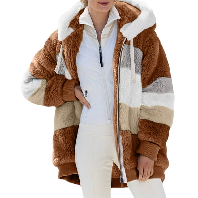 Womens Winter Fuzzy Fleece Jacket Hooded Color Block Patchwork Cardigan Coats Outerwear with Pockets Caramel Color M