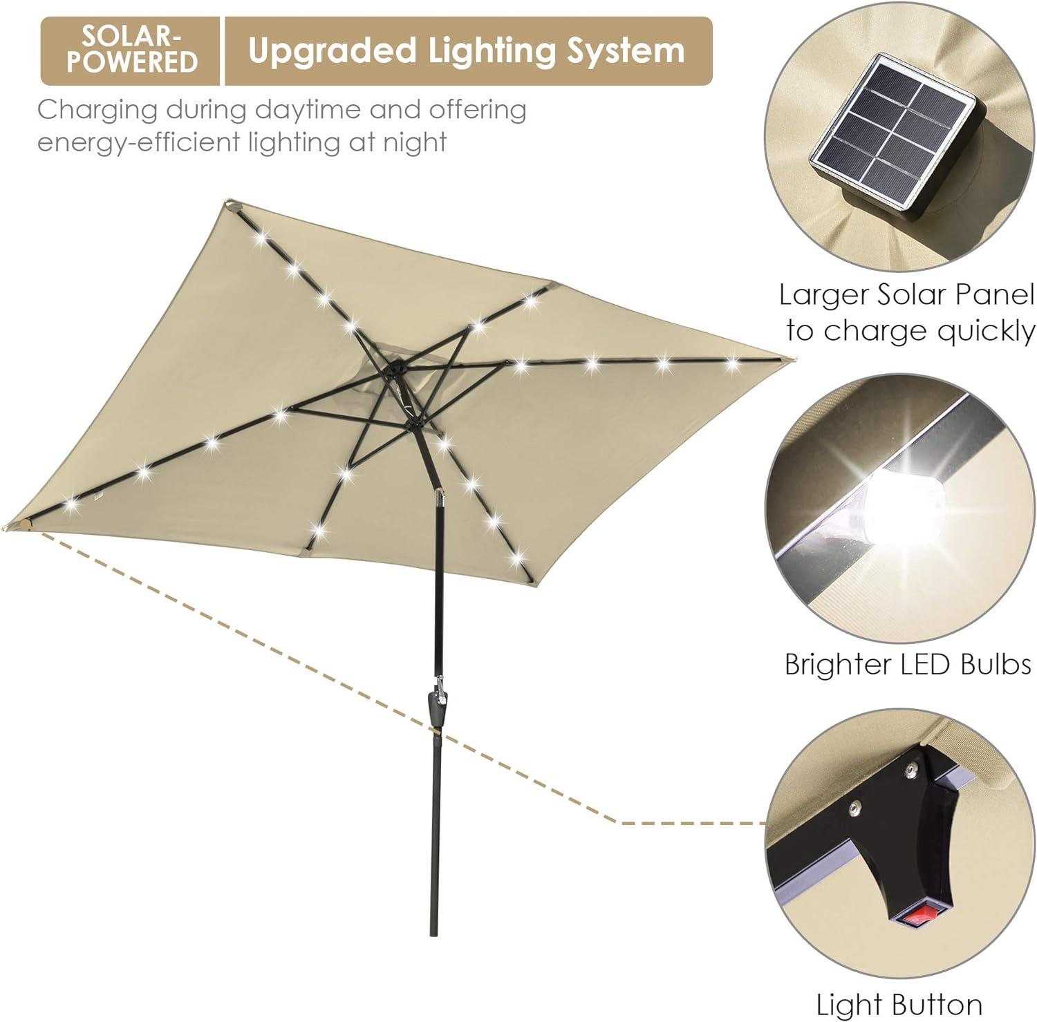 10x6.5 ft Outdoor Rectangle Solar Powered LED Patio Umbrella with Crank Tilt for Garden Backyard Table Market Pool, Beige