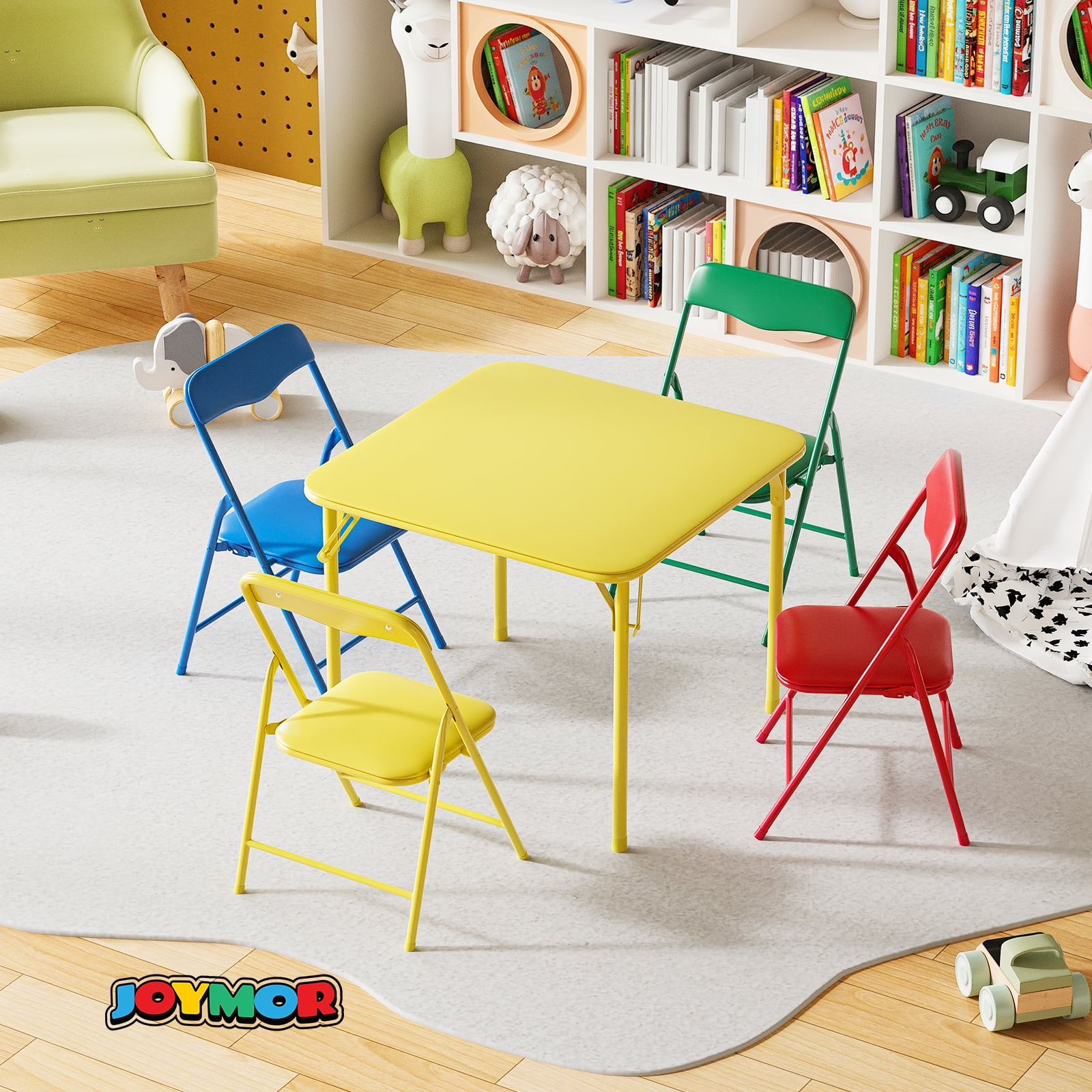Matladin 3-Piece Kids Folding Table and Chairs Set, Metal Frame Children's Activity Set with Easy-Fold Design, Kids Table with 4 Chairs