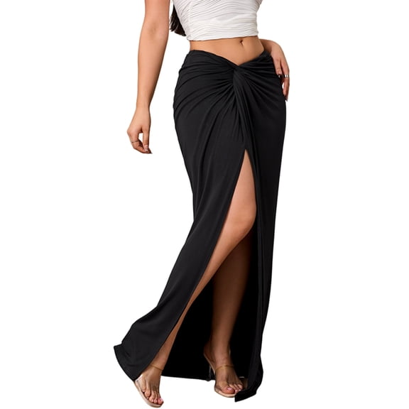 Women'S Twist Front Skirt High Waisted Split Asymmetrical Bodycon Going Out Long Skirts Black S