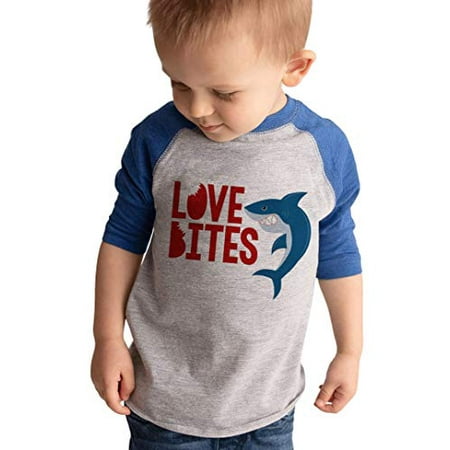 

7 ate 9 Apparel Kid s Love Bites Shark Valentine s Day Blue Raglan Shirt