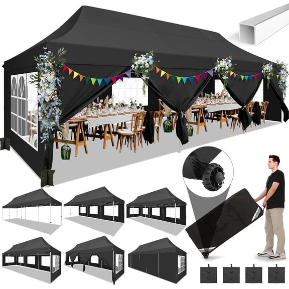 SANOPY 10 x 30 FT Pop Up Canopy, Large Commercial Wedding Canopy, Height Adjustable Waterproof Beach Canopy, Outdoor Instant Party Tent with 8 Removable Sidewalls, 4 Sandbags, Carrying Bag, Black