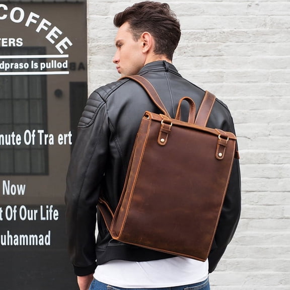 Men's First Layer Leather Luggage Backpack Leather School Bag,Coffee