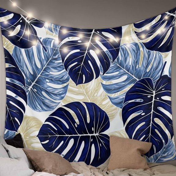 Blue Palm Leaves Tapestry for Bedroom Wall Hanging Tapestry, Farmhouse Summer Beige Tropical Plants Ceiling Backdrop Tapestries Poster Blanket Wall Decor for Teens Room Living Room Dorm 55" x 73"