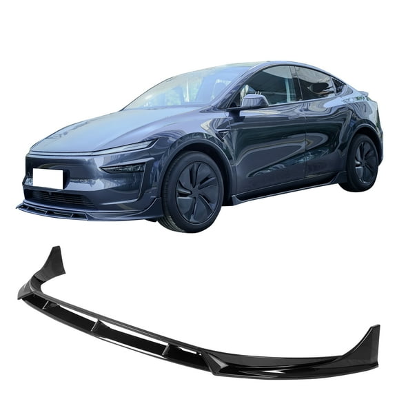 Ikon Motorsports Front Bumper Lip, Compatible with 2025-2026 Tesla Model Y Juniper, IKON Style Gloss Black ABS Plastic Air Dam Chin Spoiler Protector Splitter 4PC