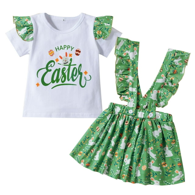 Felwors Toddler Girls Short Sleeve Easter Cartoon Rabbit Printed T Shirt Tops Suspender Skirts Outfits