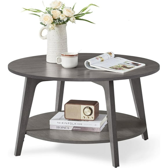 Round Coffee Table, 2 Tier Coffee Table with Storage, for Living Room, 31.5 x 17.7 Inches, Easy to Assemble, Misty Gray