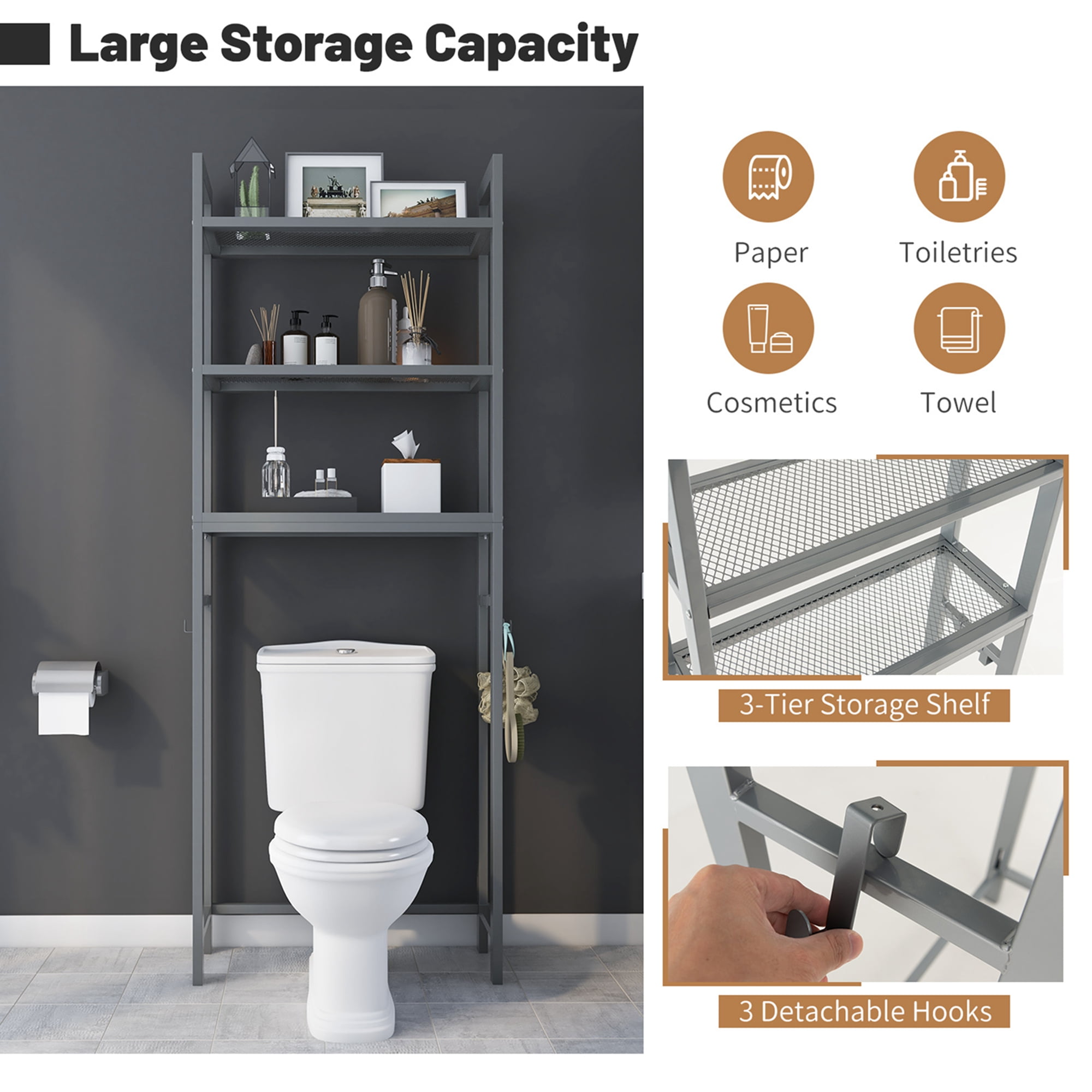 Costway Over-The-Toilet Storage Shelf Space Saving Metal Bathroom Organizer Hooks Grey