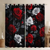 Homewish Chic Floral Rose Black Out Curtains For Girls Boys,Black Red White Curtains Pack of 2 (42x63 Each),Romantic Flowers Bedroom Curtains,Super Cozy Room Decor