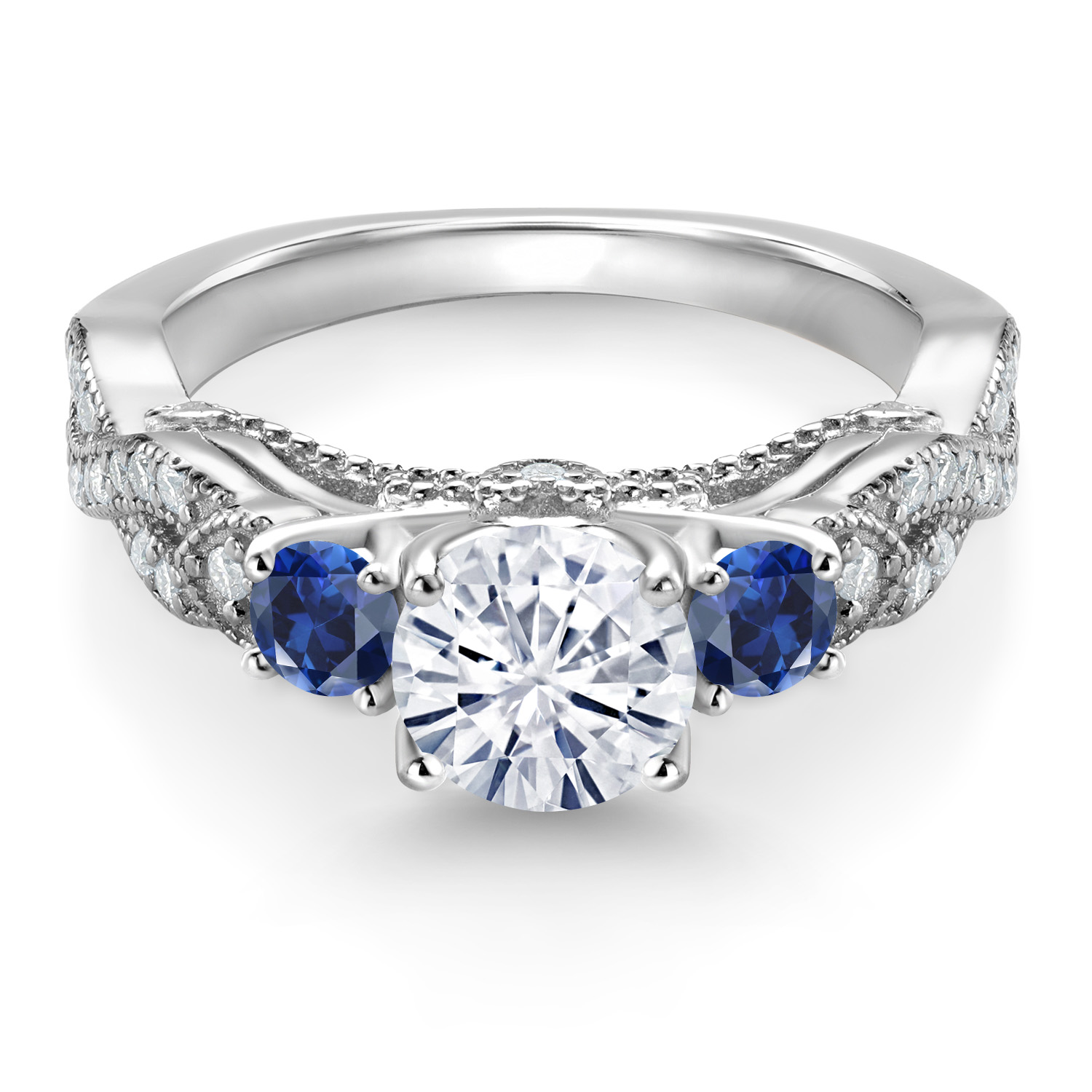 Gem Stone King 1.35 Cttw White Moissanite and Blue Created Sapphire 3-Stone Engagement Ring for Women | 925 Sterling Silver | Round 6MM and 3MM | Three Stone Wedding Anniversary Promise Ring | Size 5