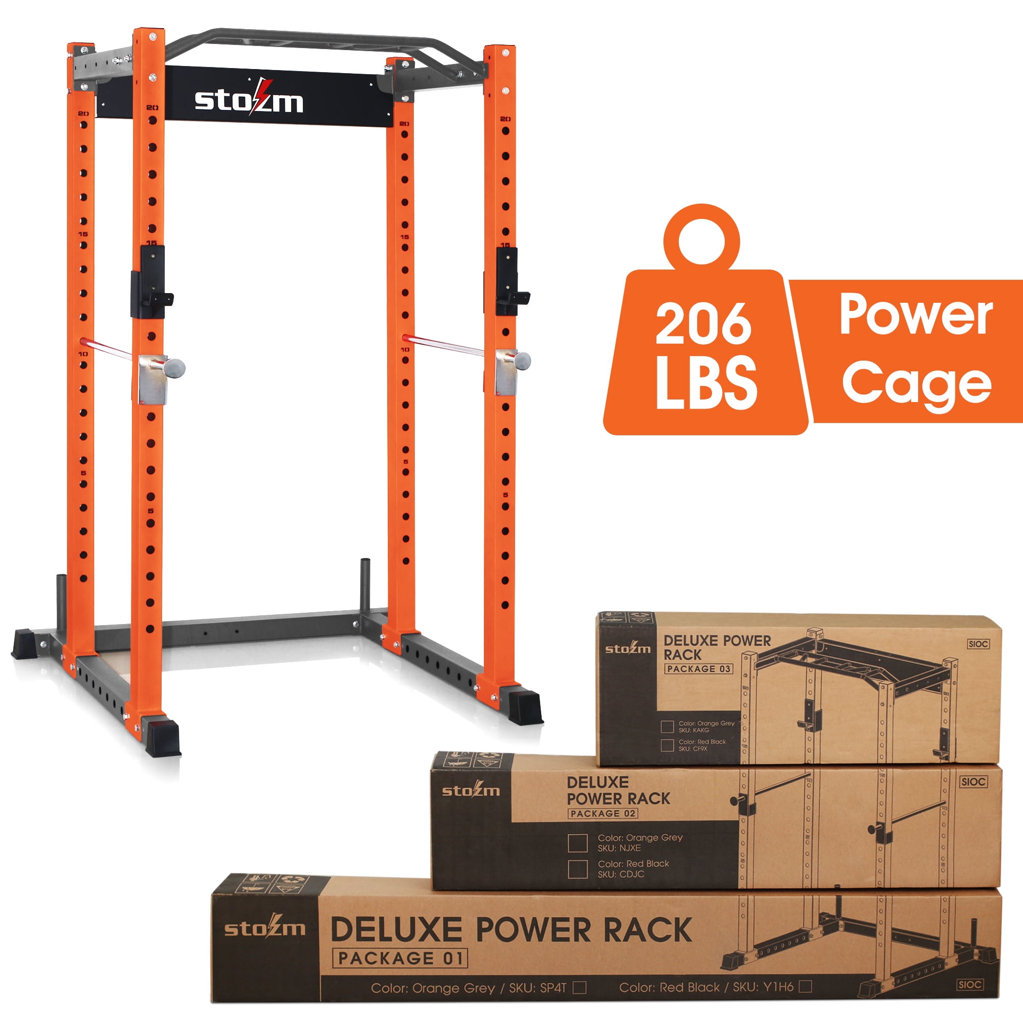 STOZM 3 In. X 3 In. Multi-Functional Squatting Rack/Power Rack Supports  1600Lbs (Orange/Grey), Package Includes A Pull-Up Bar, J Hooks & Safety Bar 