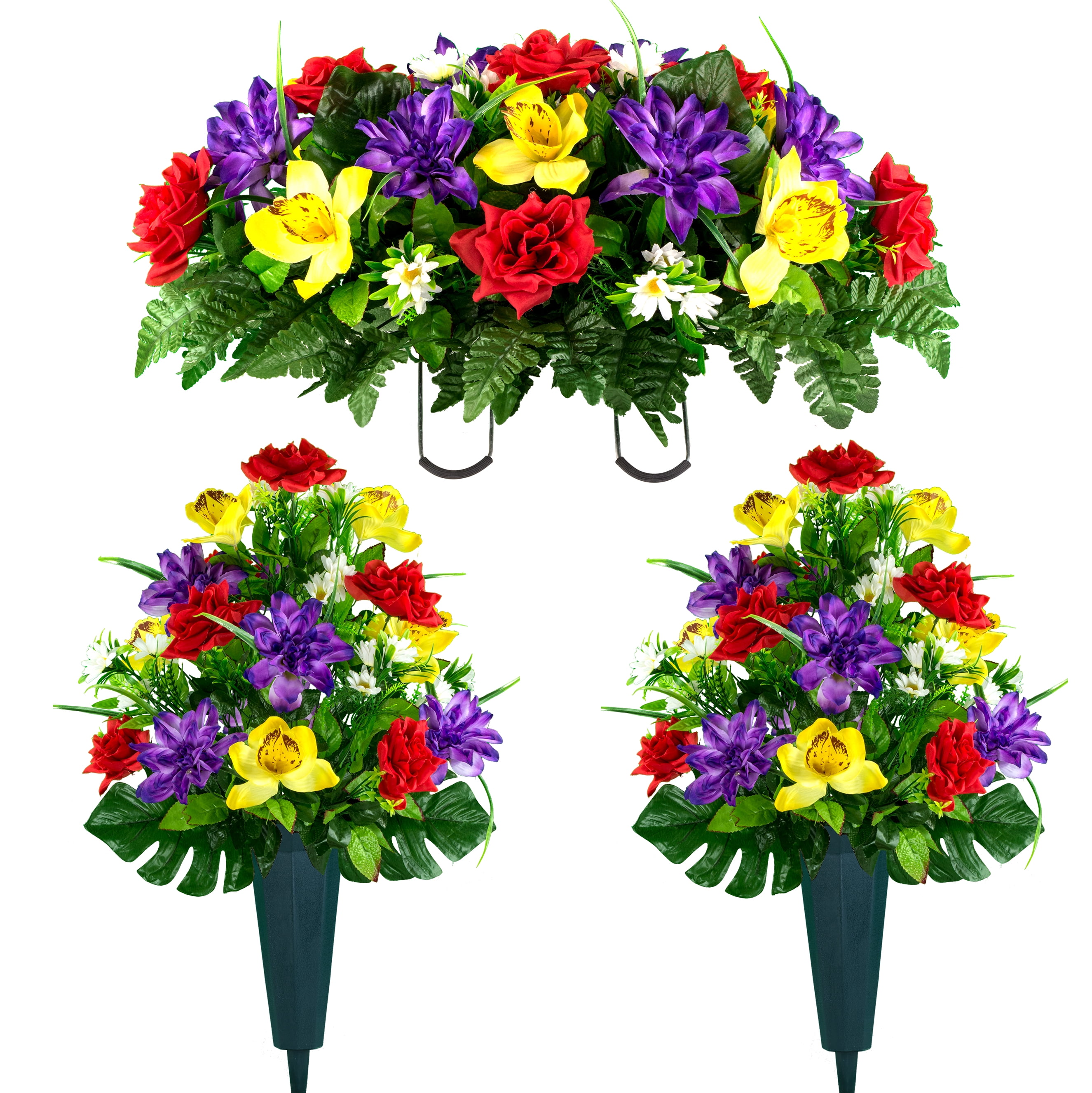 Sympathy Silks Artificial Cemetery Flowers 2 Red Rose/Purple Dahlia