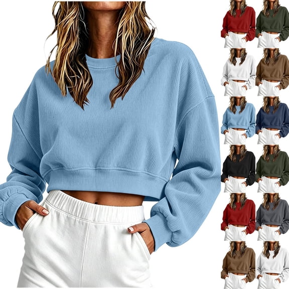 Josdec Women's Cropped Sweatshirt Long Sleeve Corduroy Crew Neck Loose Solid Casual Sports Crop Pullover S-XXL